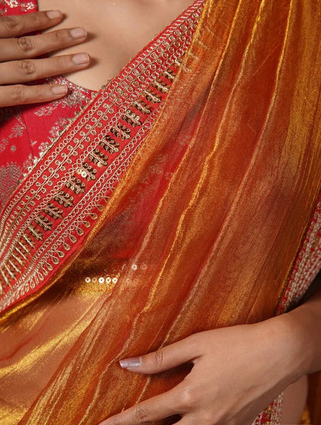 Fiery Gold Zari Tissue Saree with Red Border