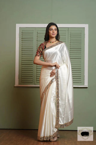 Cream Sheesh Mahal Satin Silk Saree