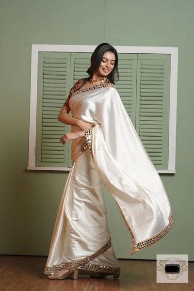 Cream Sheesh Mahal Satin Silk Saree
