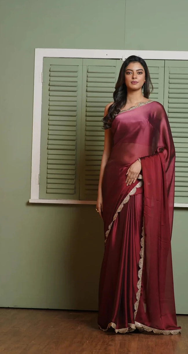 Merlot Ombre Saree with Scallop Border