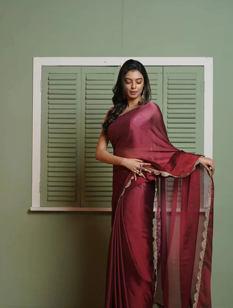 Merlot Ombre Saree with Scallop Border
