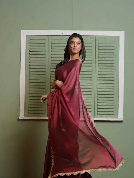 Merlot Ombre Saree with Scallop Border