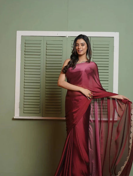 Merlot Ombre Saree with Scallop Border