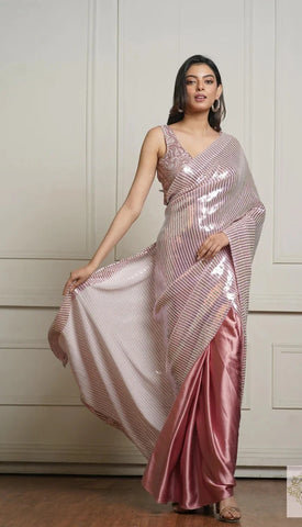 Pink Rose Gold Dazzle Sequins Half Satin Saree