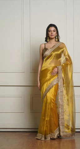 Golden Yellow Zari Tissue Banno Saree
