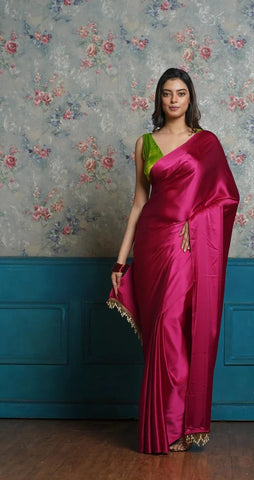 Hot Pink Satin Silk Saree With Handmade Tassels Pallu
