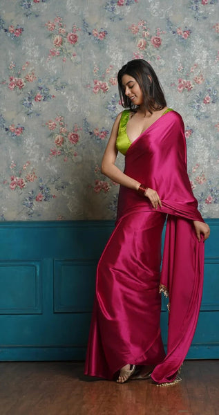 Hot Pink Satin Silk Saree With Handmade Tassels Pallu