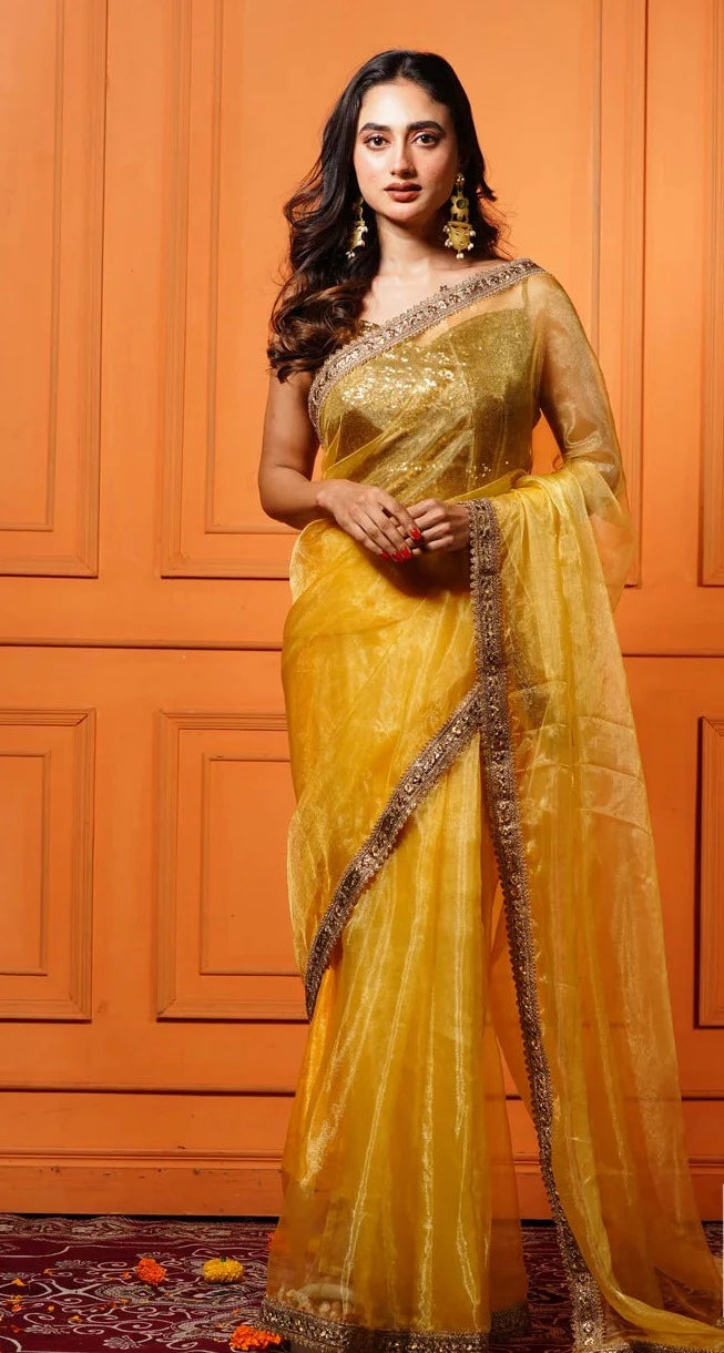 Golden Glass Tissue Saree with Border