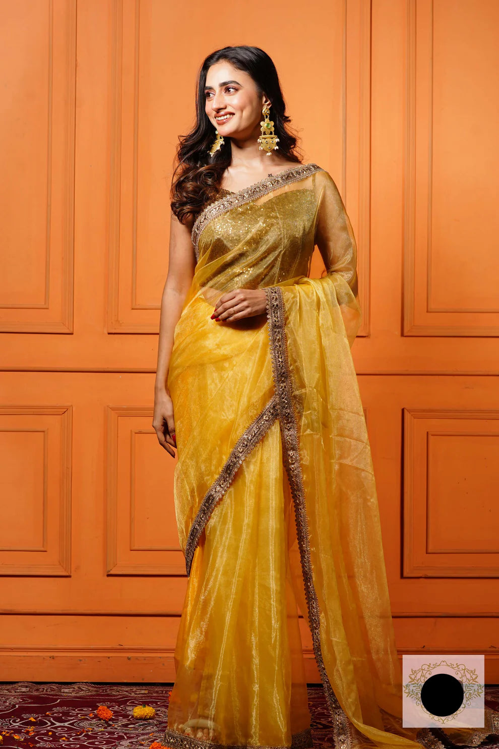 Golden Glass Tissue Saree with Border