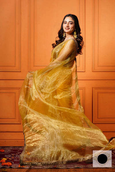 Golden Glass Tissue Saree with Border