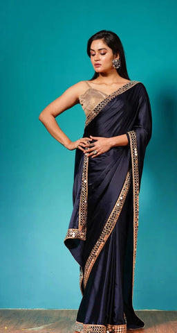 Deep Blue Satin Silk Sheesh Mahal Saree