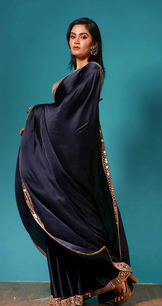 Deep Blue Satin Silk Sheesh Mahal Saree
