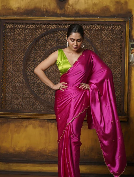 Hot Pink Satin Silk Saree With Hand Embroidered Scalloping