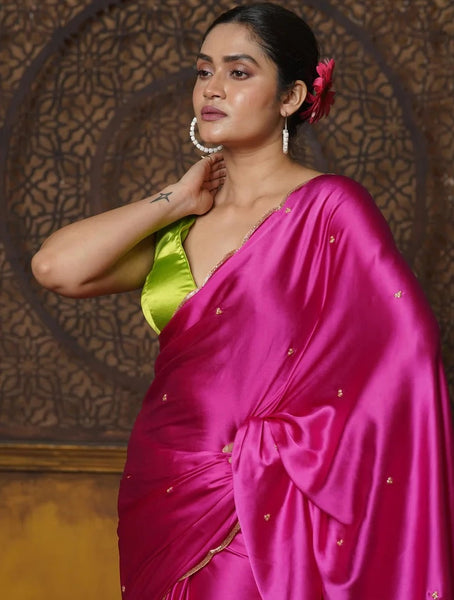 Hot Pink Satin Silk Saree With Hand Embroidered Scalloping