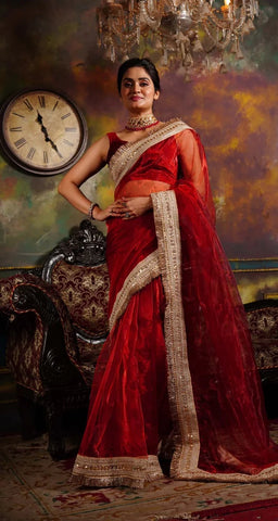 Red Glass Tissue Banno Saree