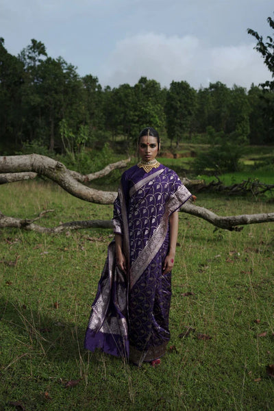 Evening Blue Handwoven Katan Banarasi Saree with Jaal Pattern and Floral Border