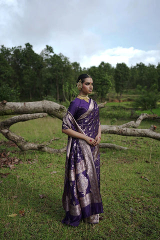 Evening Blue Handwoven Katan Banarasi Saree with Jaal Pattern and Floral Border