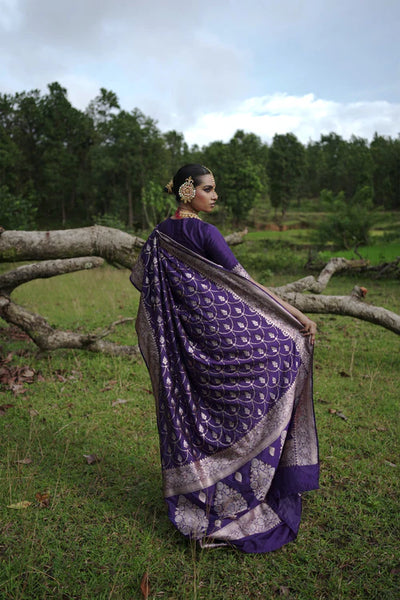 Evening Blue Handwoven Katan Banarasi Saree with Jaal Pattern and Floral Border