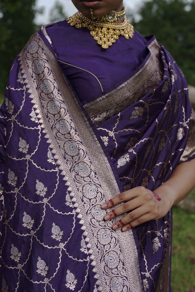 Evening Blue Handwoven Katan Banarasi Saree with Jaal Pattern and Floral Border