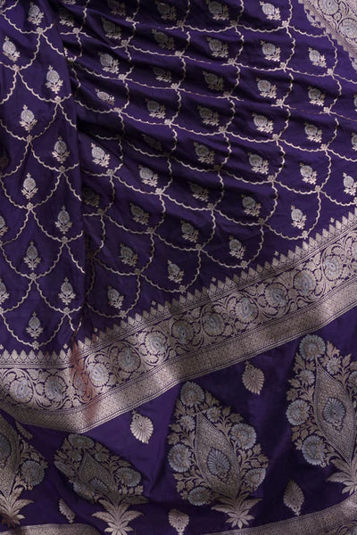 Evening Blue Handwoven Katan Banarasi Saree with Jaal Pattern and Floral Border