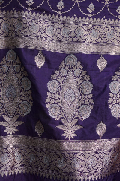 Evening Blue Handwoven Katan Banarasi Saree with Jaal Pattern and Floral Border