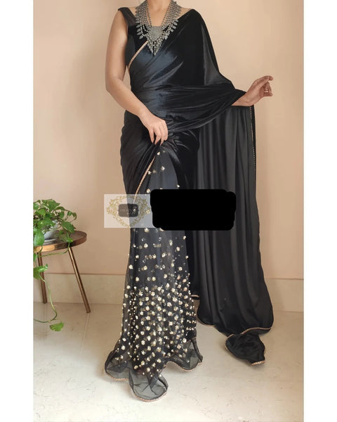 Black Velvet and Net Embellished Saree
