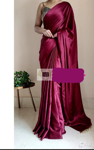 Wine Magenta Satin Silk Saree