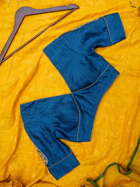 V Neck Blue Viscose Blend Blouse With Hand Embroidery