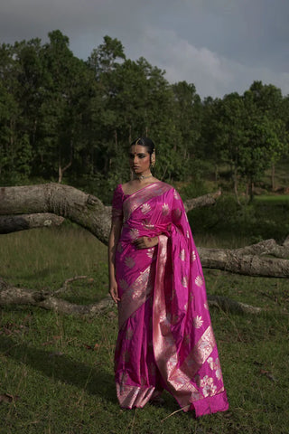 Fuschia Pink Handwoven Katan Banarasi Saree with Floral Jaal Zari Border and Hemp Butas