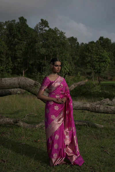 Fuschia Pink Handwoven Katan Banarasi Saree with Floral Jaal Zari Border and Hemp Butas