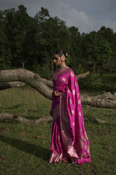 Fuschia Pink Handwoven Katan Banarasi Saree with Floral Jaal Zari Border and Hemp Butas