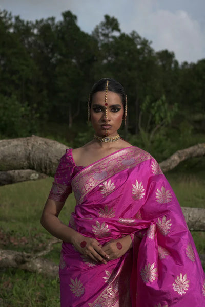 Fuschia Pink Handwoven Katan Banarasi Saree with Floral Jaal Zari Border and Hemp Butas