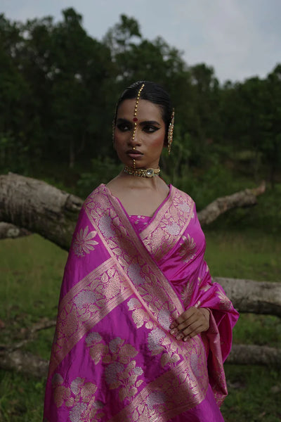 Fuschia Pink Handwoven Katan Banarasi Saree with Floral Jaal Zari Border and Hemp Butas