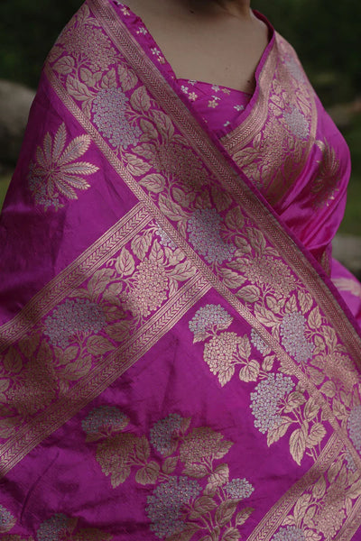 Fuschia Pink Handwoven Katan Banarasi Saree with Floral Jaal Zari Border and Hemp Butas