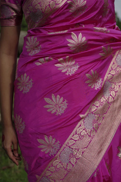 Fuschia Pink Handwoven Katan Banarasi Saree with Floral Jaal Zari Border and Hemp Butas
