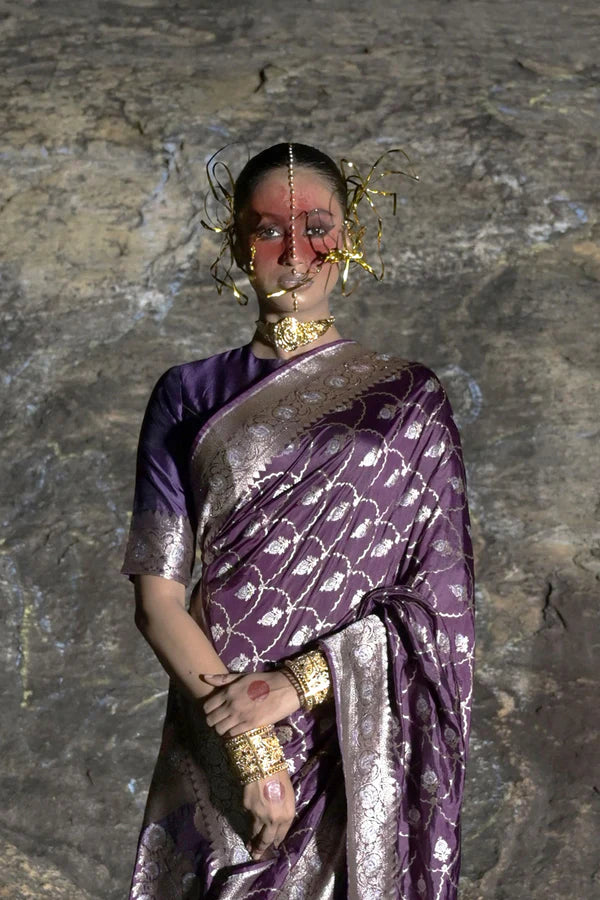 Plum Handwoven Katan Banarasi Saree with Jaal Pattern and Floral Border