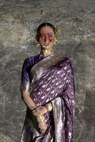 Plum Handwoven Katan Banarasi Saree with Jaal Pattern and Floral Border