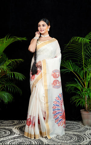 Offwhite Kasavu Saree With Peacock Print And Golden Zari Border