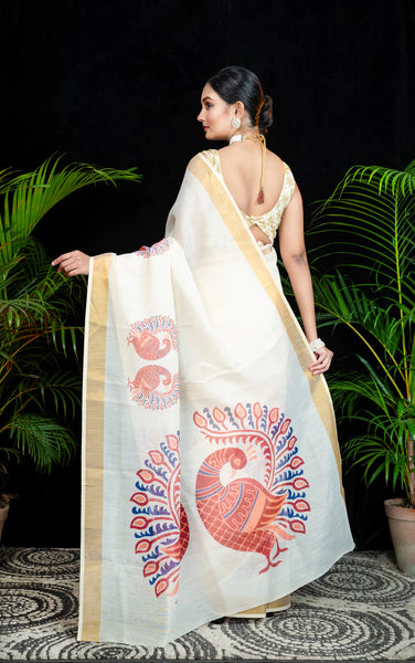 Offwhite Kasavu Saree With Peacock Print And Golden Zari Border