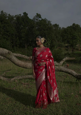 Red Handwoven Katan Banarasi Saree with Floral Jaal Zari Border and Geranium Motifs