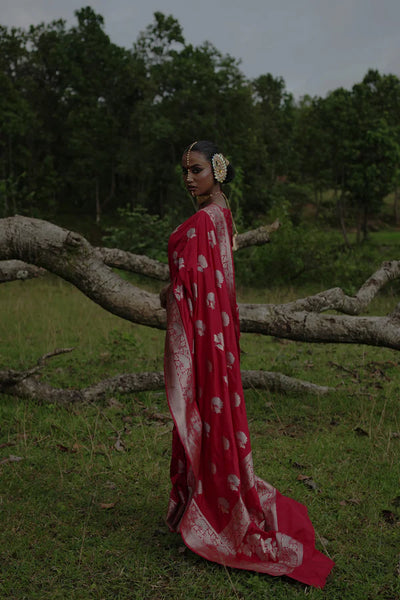 Red Handwoven Katan Banarasi Saree with Floral Jaal Zari Border and Geranium Motifs