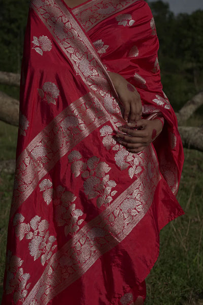 Red Handwoven Katan Banarasi Saree with Floral Jaal Zari Border and Geranium Motifs
