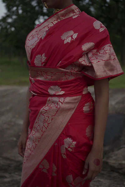 Red Handwoven Katan Banarasi Saree with Floral Jaal Zari Border and Geranium Motifs