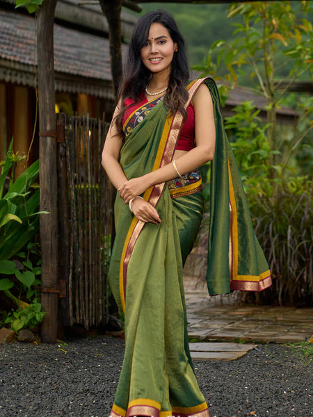 Green tissue saree with hand painted kalamkari borders & Marathi khun border