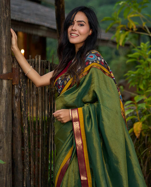 Green tissue saree with hand painted kalamkari borders & Marathi khun border