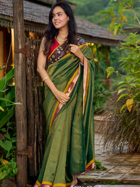 Green tissue saree with hand painted kalamkari borders & Marathi khun border