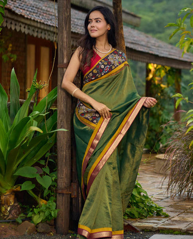 Green tissue saree with hand painted kalamkari borders & Marathi khun border