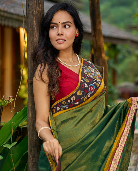 Green tissue saree with hand painted kalamkari borders & Marathi khun border