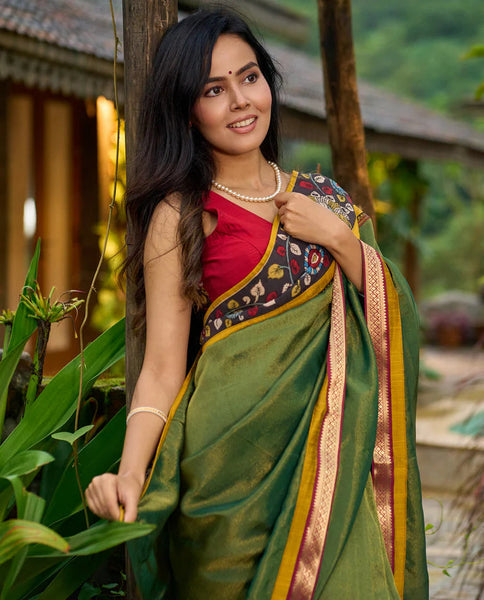 Green tissue saree with hand painted kalamkari borders & Marathi khun border