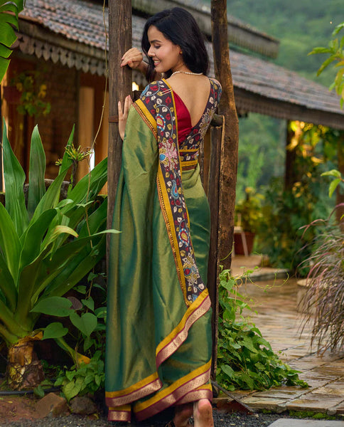 Green tissue saree with hand painted kalamkari borders & Marathi khun border
